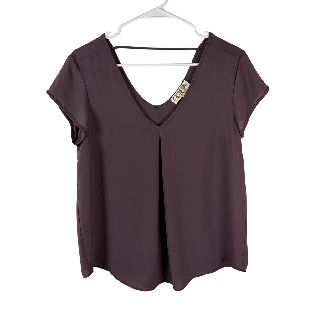 Pink Rose Plum Purple V-Neck Short Sleeve Pleated Blouse Top Womens Large